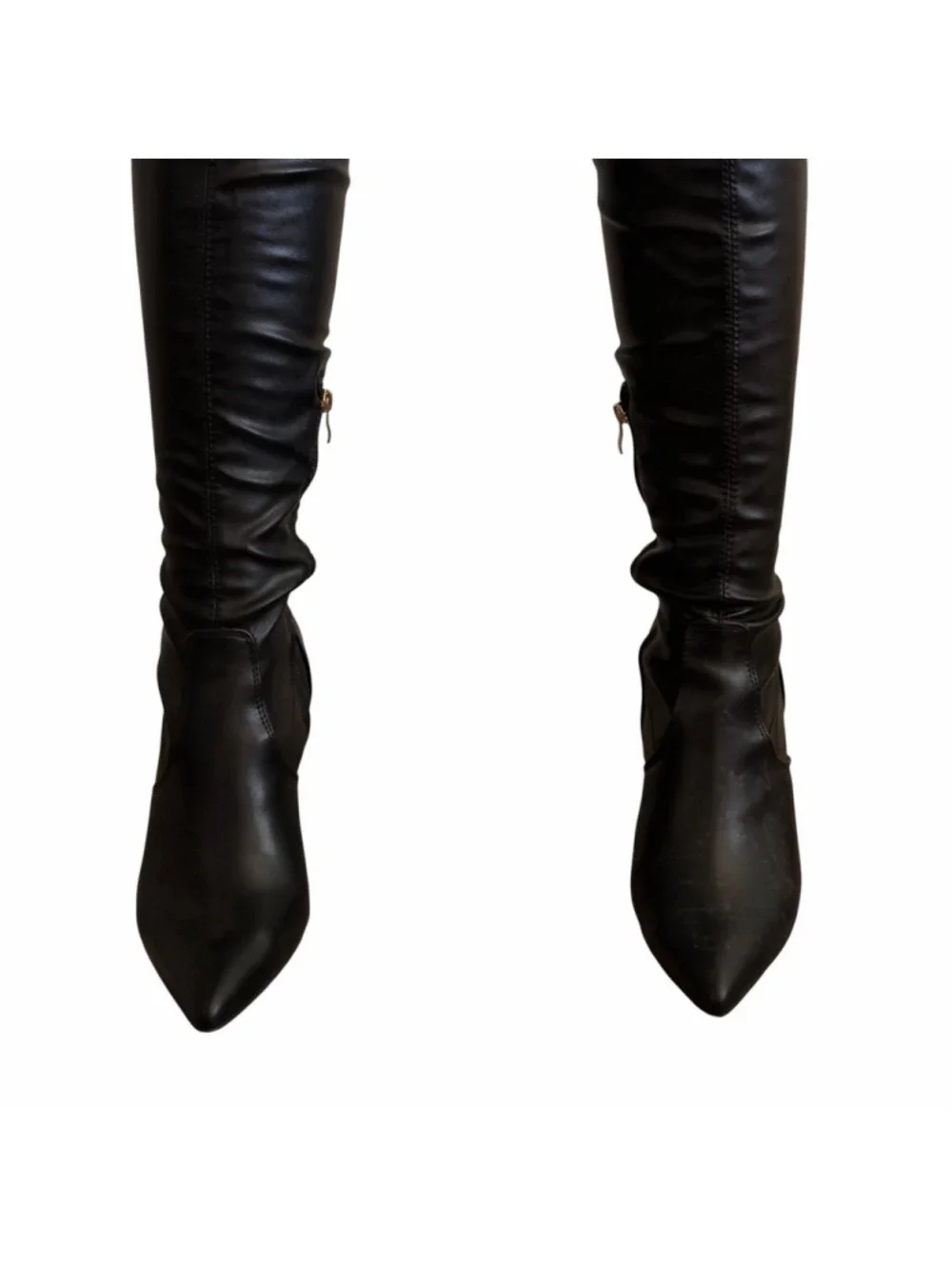 Womens 8.5 Black Thigh-High Stiletto Pointed Toe Faux Leather Boots Gothic Witch